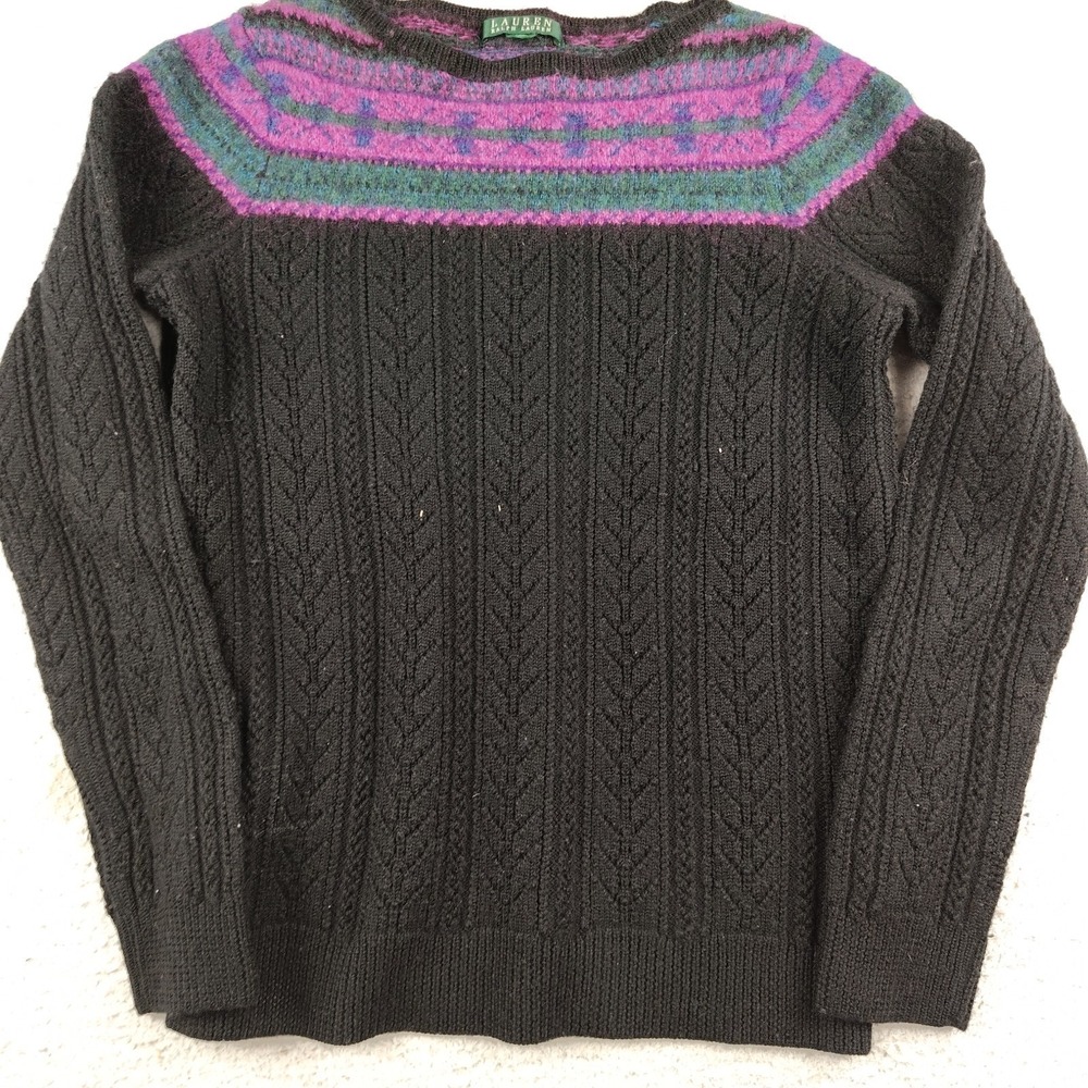 Lauren Ralph Lauren Sweater Wool Mohair Nylon Blend Nordic Fair Isle Black SZ XS